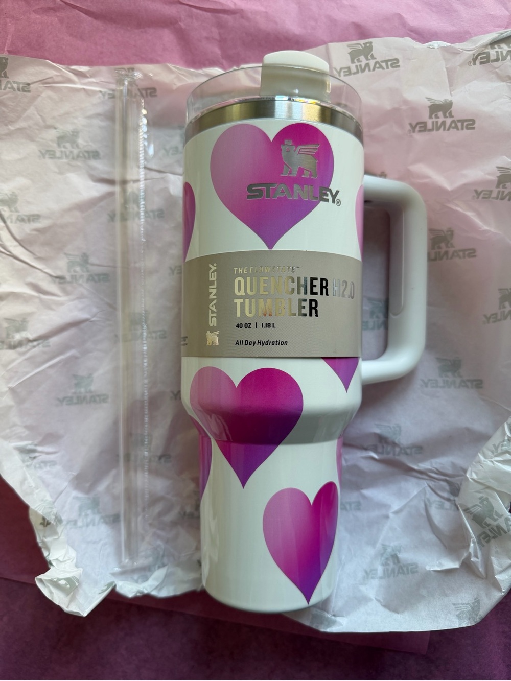 Stanley White Tumbler with Pink Heart Accents - Quencher H2.0